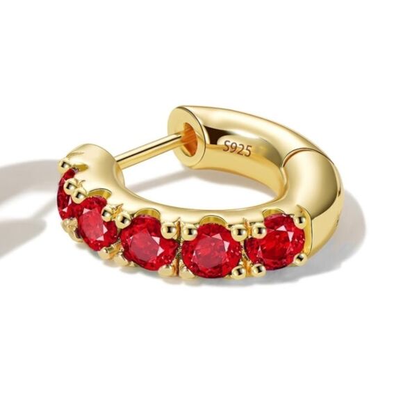 14K Yellow Gold 925 Sterling Silver with Ruby Red Cubic Zirconia Huggie Earrings - Picture 2 of 7
